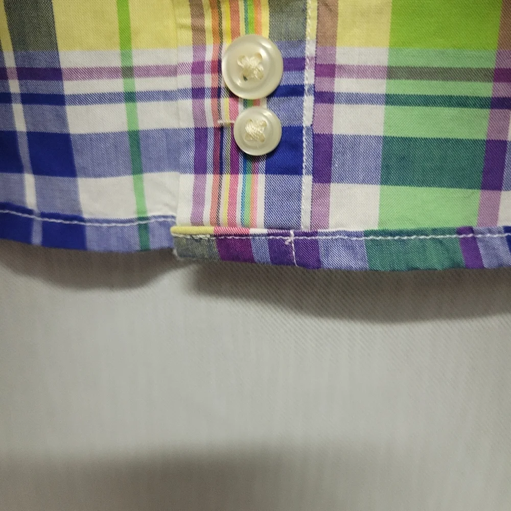Ralph Lauren Boys Short Sleeve Button Down Yellow Blue Green Plaid Medium 10-12